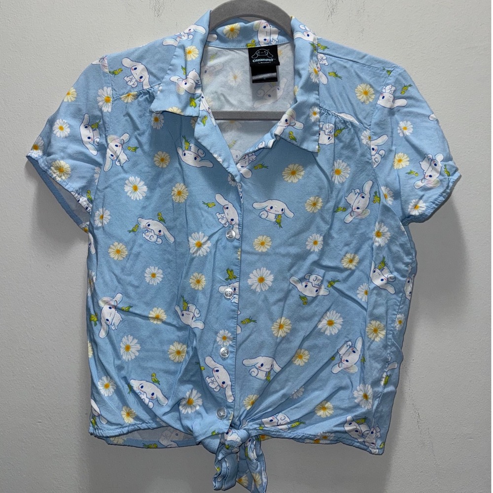 Sanrio Cinnamoroll Daisy Print Tie Front Button Up Shirt Blue Women Large Rayon